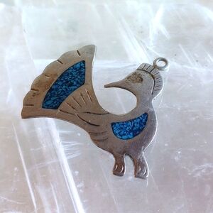 VINTAGE PHOENIX BIRD INLAID TURQUOISE ALPACA MEXICO 1.25" TALL PENDANT